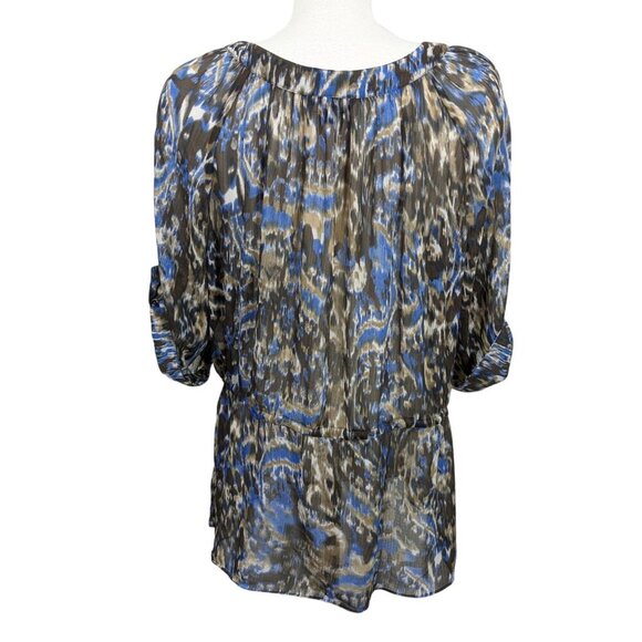 Tabi Sheer Top Blouse Womens XL Brown Blue Moody Abstract Print Drawstring Waist - Picture 2 of 3